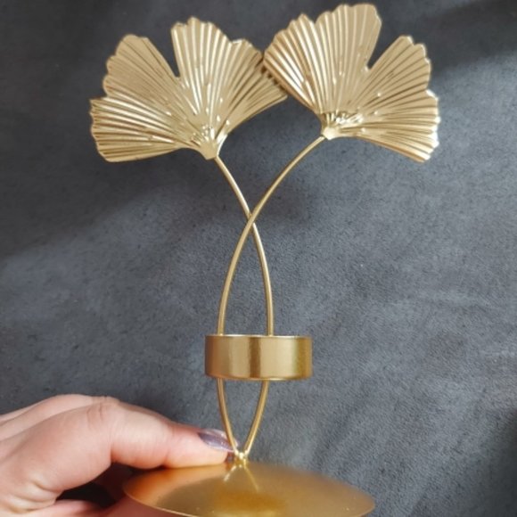 NEW Gold Ginkgo Leaf Candlestick Tealight Candle Holder - Picture 3 of 4